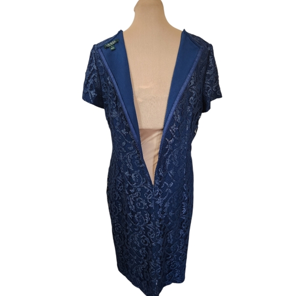 RALPH LAUREN Metallic Blue Lace Sheath Cocktail Dress - Size 18 - Picture 12 of 17